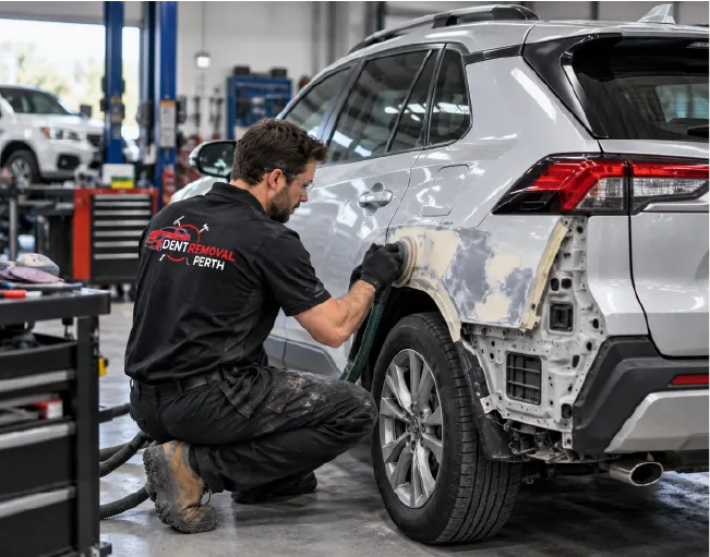 Technician pulling a dent out of a car panel