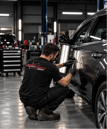 Paintless dent removal on a car door