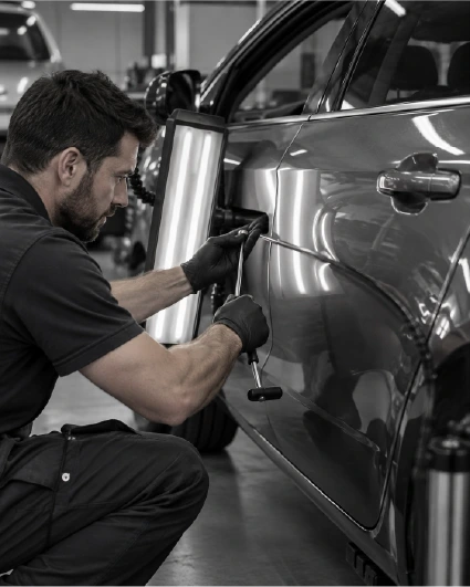 Door ding removed with paintless dent repair tools